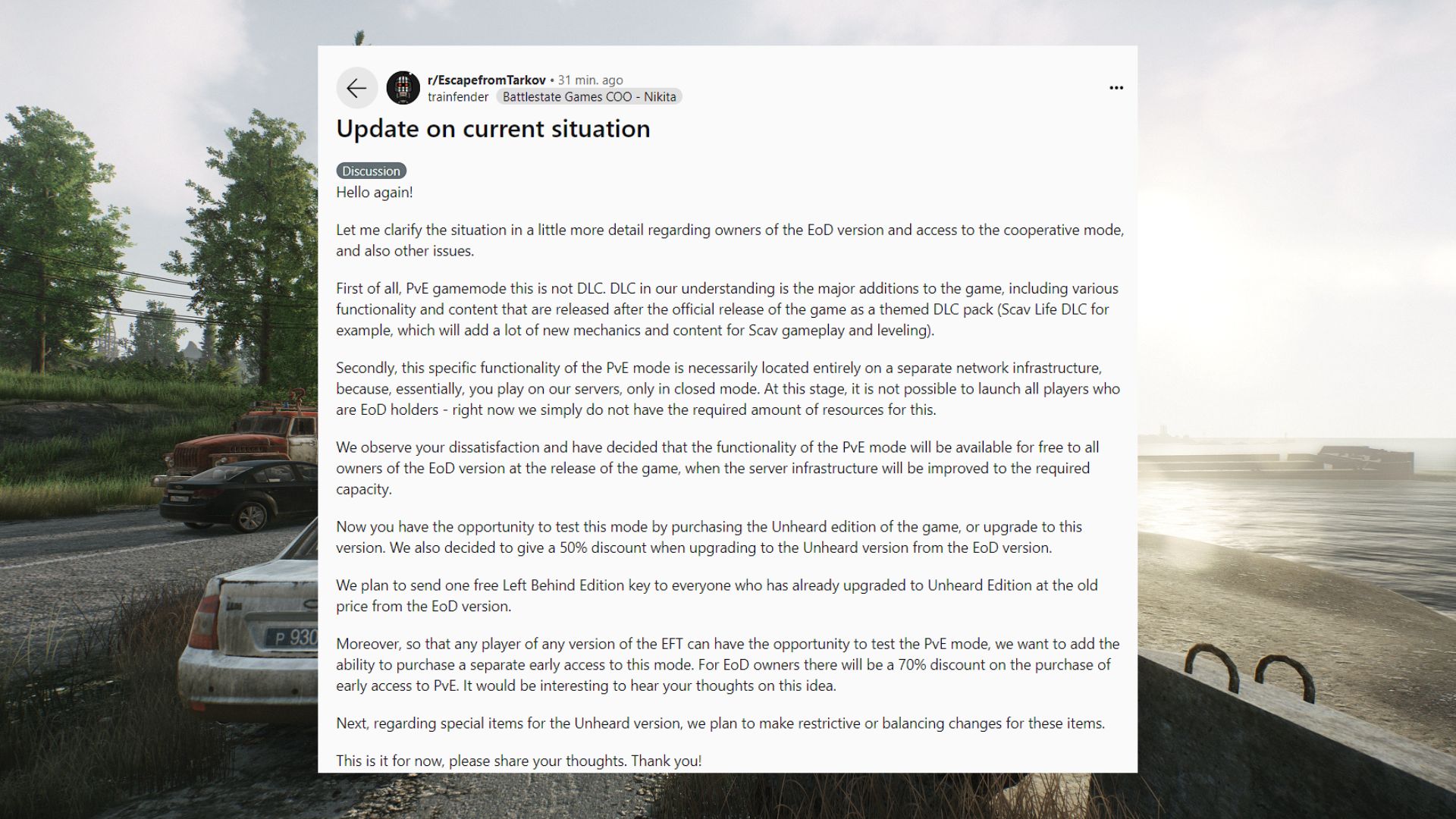 Escape From Tarkov Unheard Edition Reddit statement: a screenshot of a reddit statement